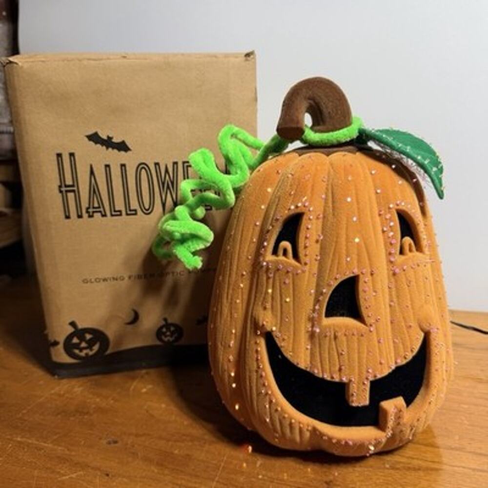 Vintage Avon Fiber Optic Color Changing Lighted Pumpkin Jack-O-Lantern Flocked